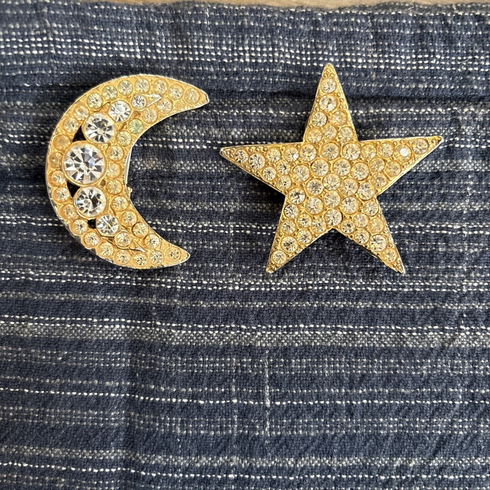Vintage Large Moon Star Clip On Earrings Rhinestone Gold Funky 1980s